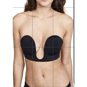 NORDSTROM BACKLESS STRAPLESS BLACK ADHESIVE BRA SIDE TABS PADDED PUSH UP D CUP